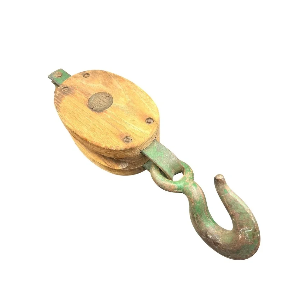 Vtg Primitive UW-6RB Wood Block & Tackle Pulley w/ Hook Farmhouse Nautical Decor